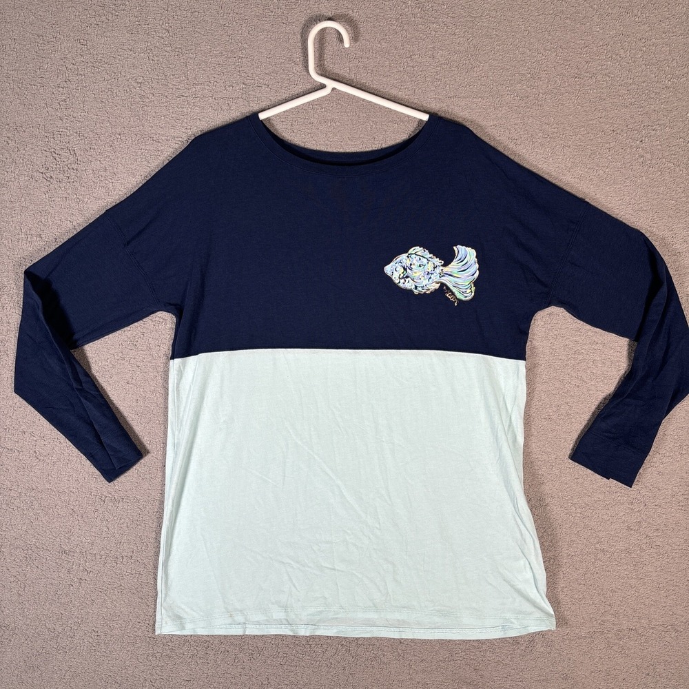 Lilly Pulitzer Etta Colorblock Long Sleeve Tee Navy Blue Fish Graphic Women M
